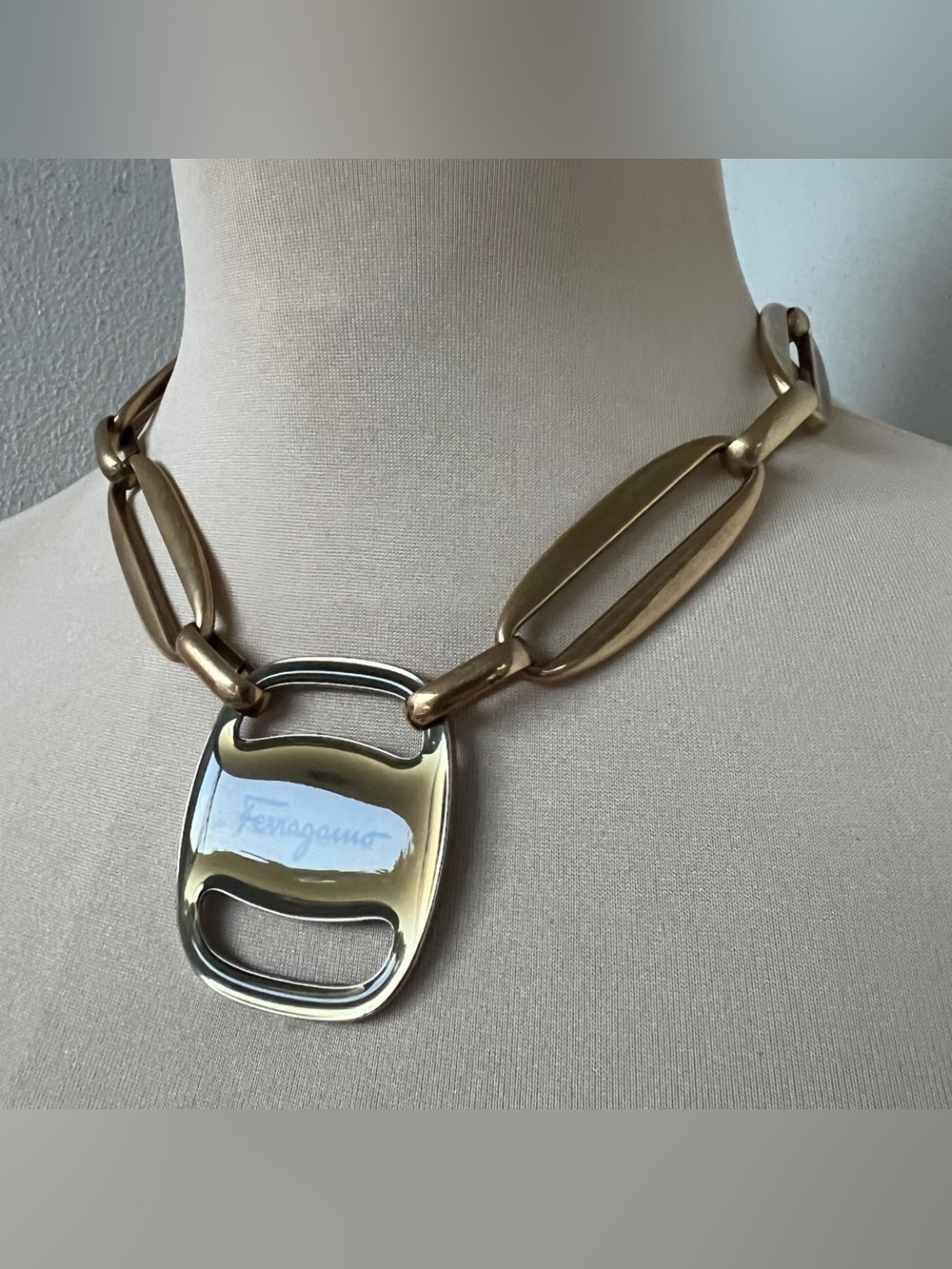 Custom Ferragamo Vara Vintage Gold Link Statement Necklace 17”
